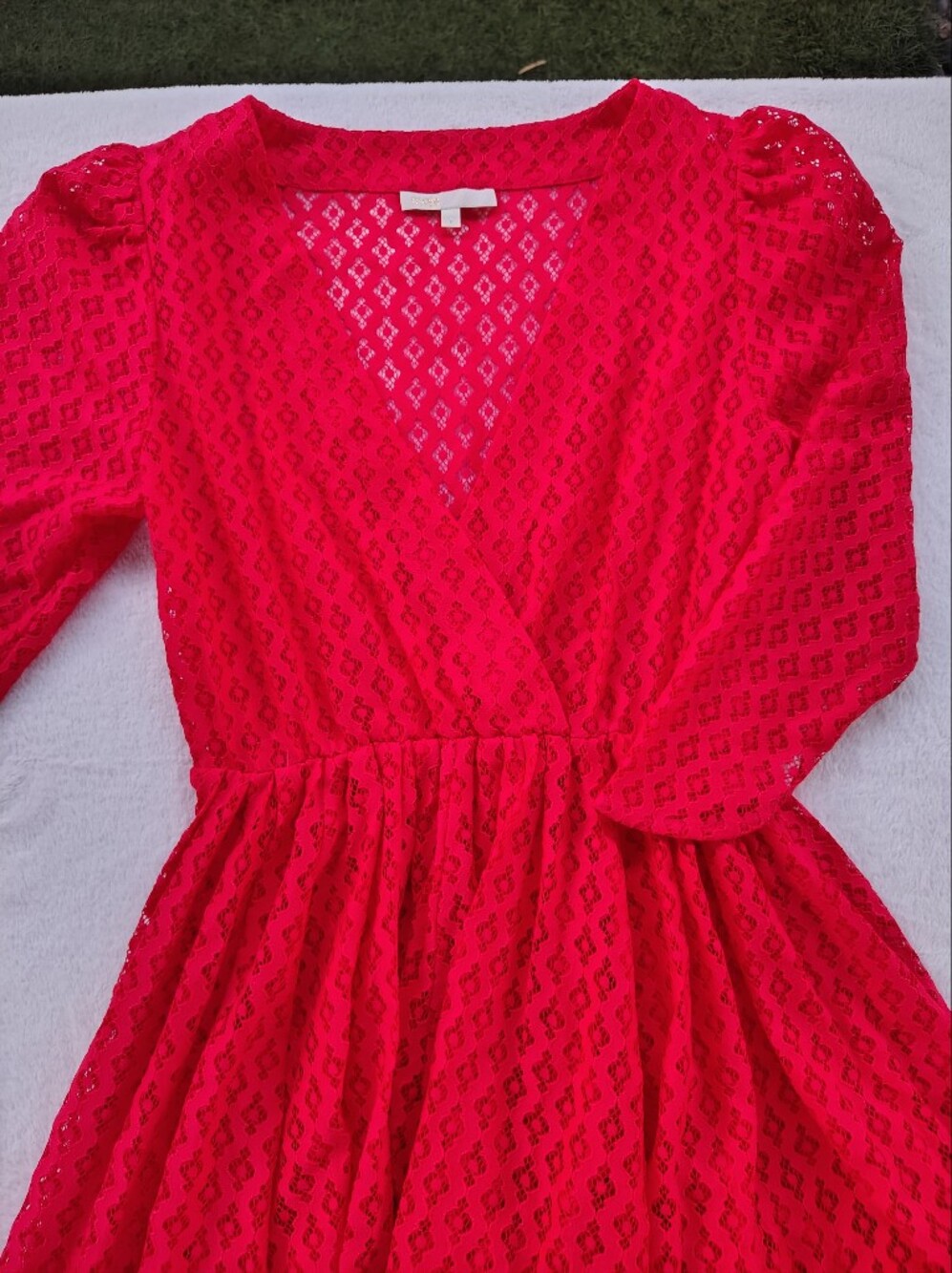 Maje Hot Red Lace V-Neck Puff Sleeve Fit & Flare Dress (Ralina Rouge Model)